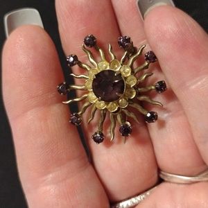 Vintage Purple & Clear Rhinestone Gold Tone Sunburst Brooch